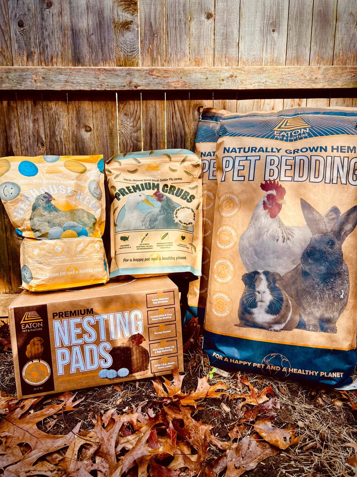 Eaton Pet and Pasture hemp bedding, nesting pads, grubs, and chicken products
